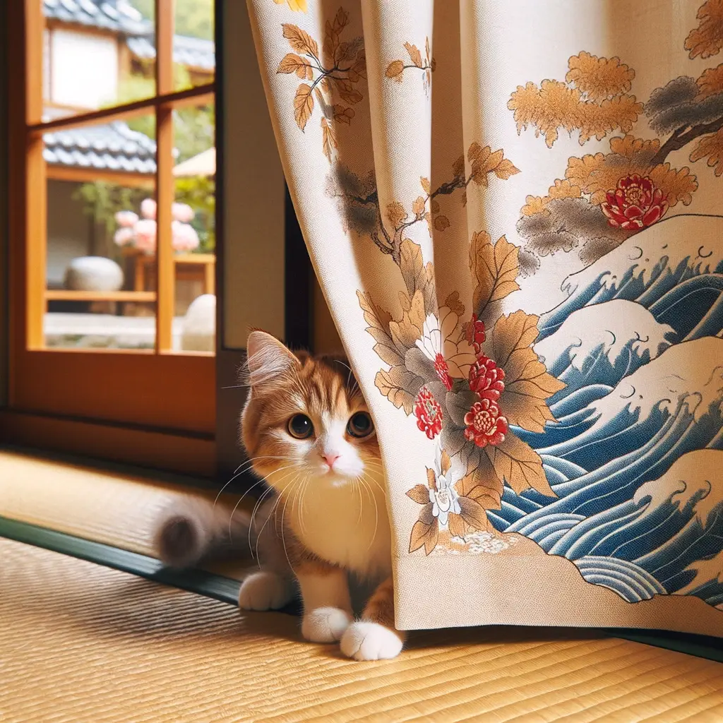プロンプトは「カーテンの陰から顔を出す日本猫の写真を生成してください」