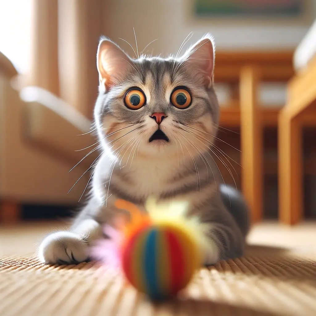 プロンプトは「目の前に突然現れたおもちゃに驚く猫の写真を生成してください」by DALL-E