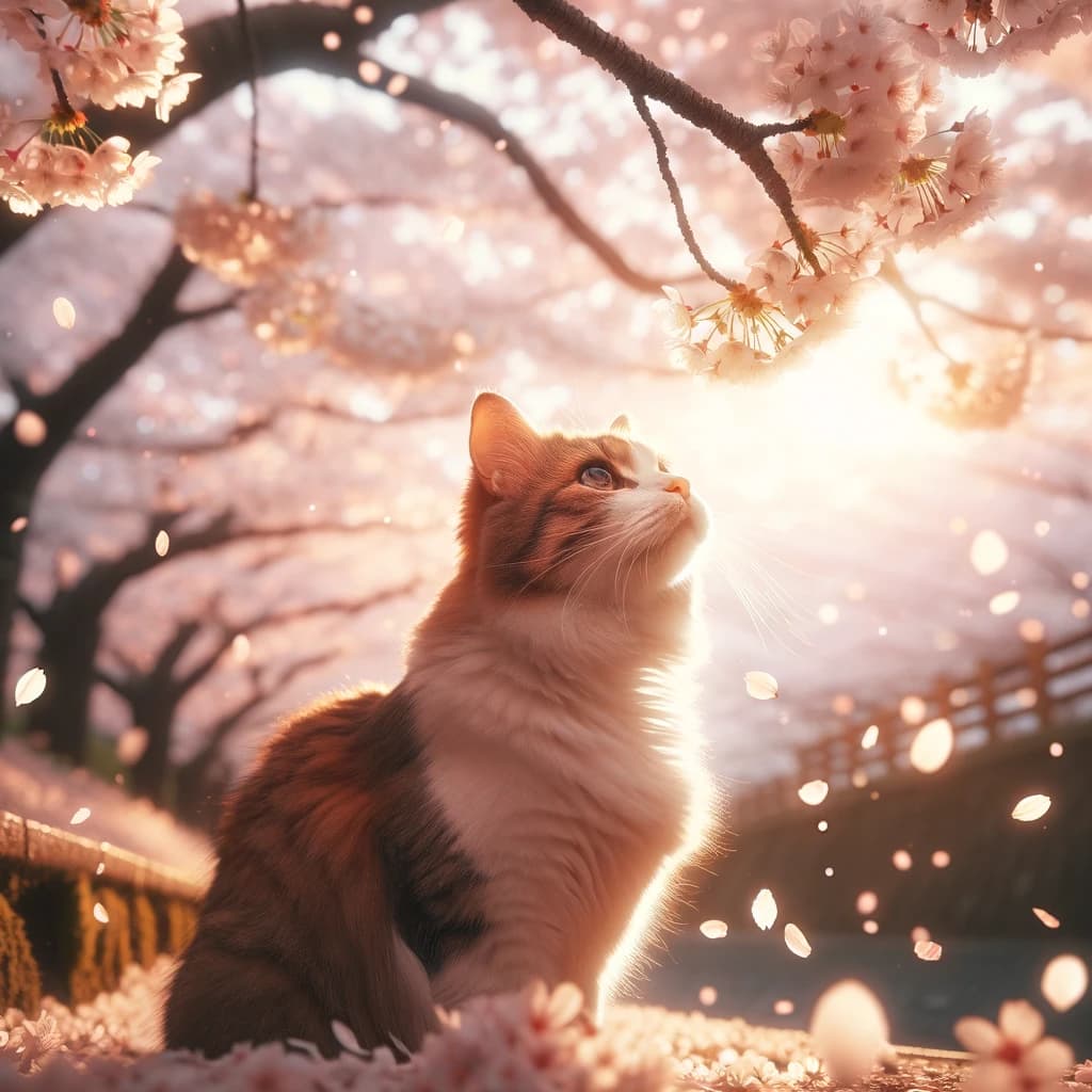 プロンプトは「桜を見上げる猫の写真を生成してください」by DALL-E