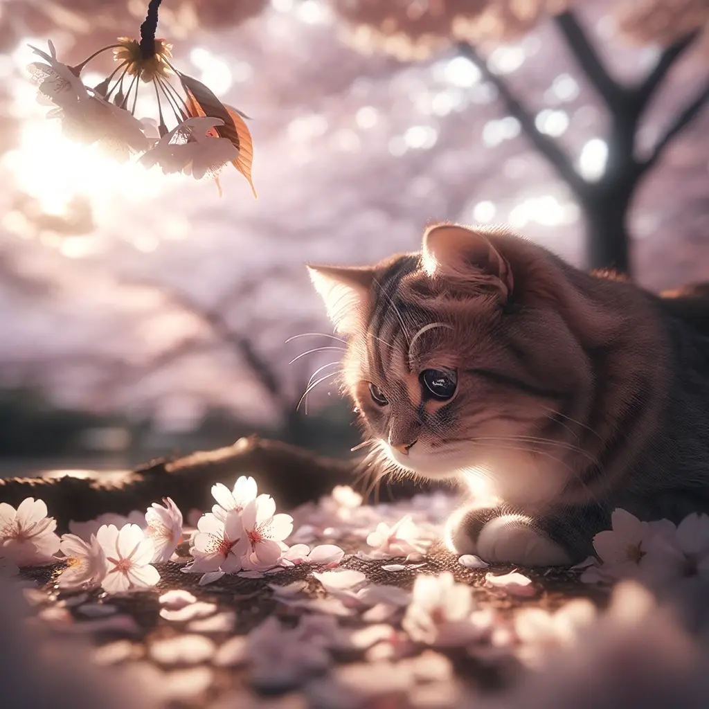プロンプトは「桜の花びらを見つめる猫の写真を生成してください」by DALL-E