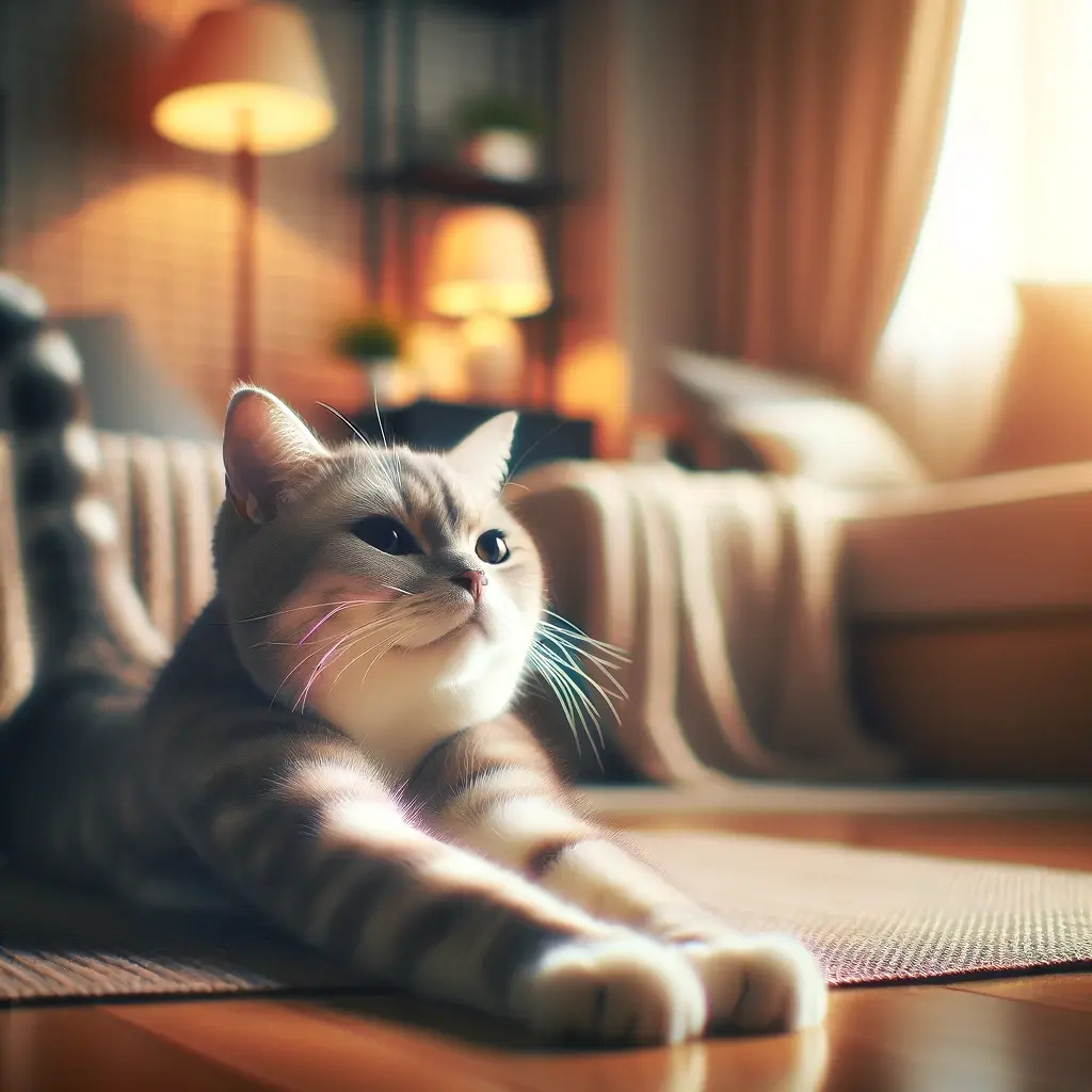 プロンプトは「前足を伸ばして伸びをする猫の写真を生成してください」by DALL-E