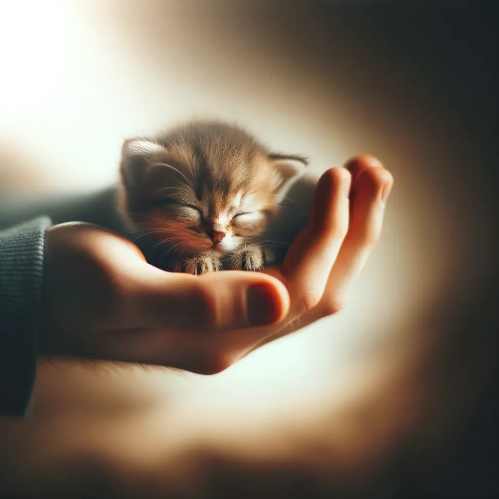 プロンプトは「飼い主の手の平の上で眠る子猫の写真を生成してください」by DALL-E