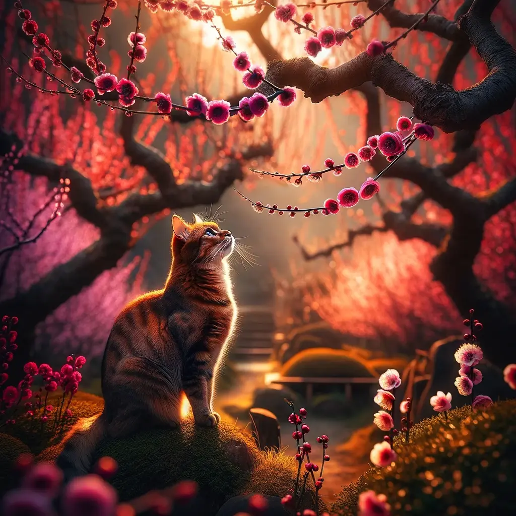 プロンプトは「夜桜を見上げる猫の写真を生成してください」by DALL-E