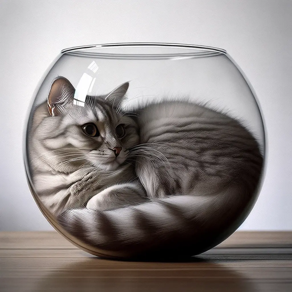 プロンプトは「丸い透明の鉢に体をピッタリと埋めた猫の写真を生成してください」by DALL-E