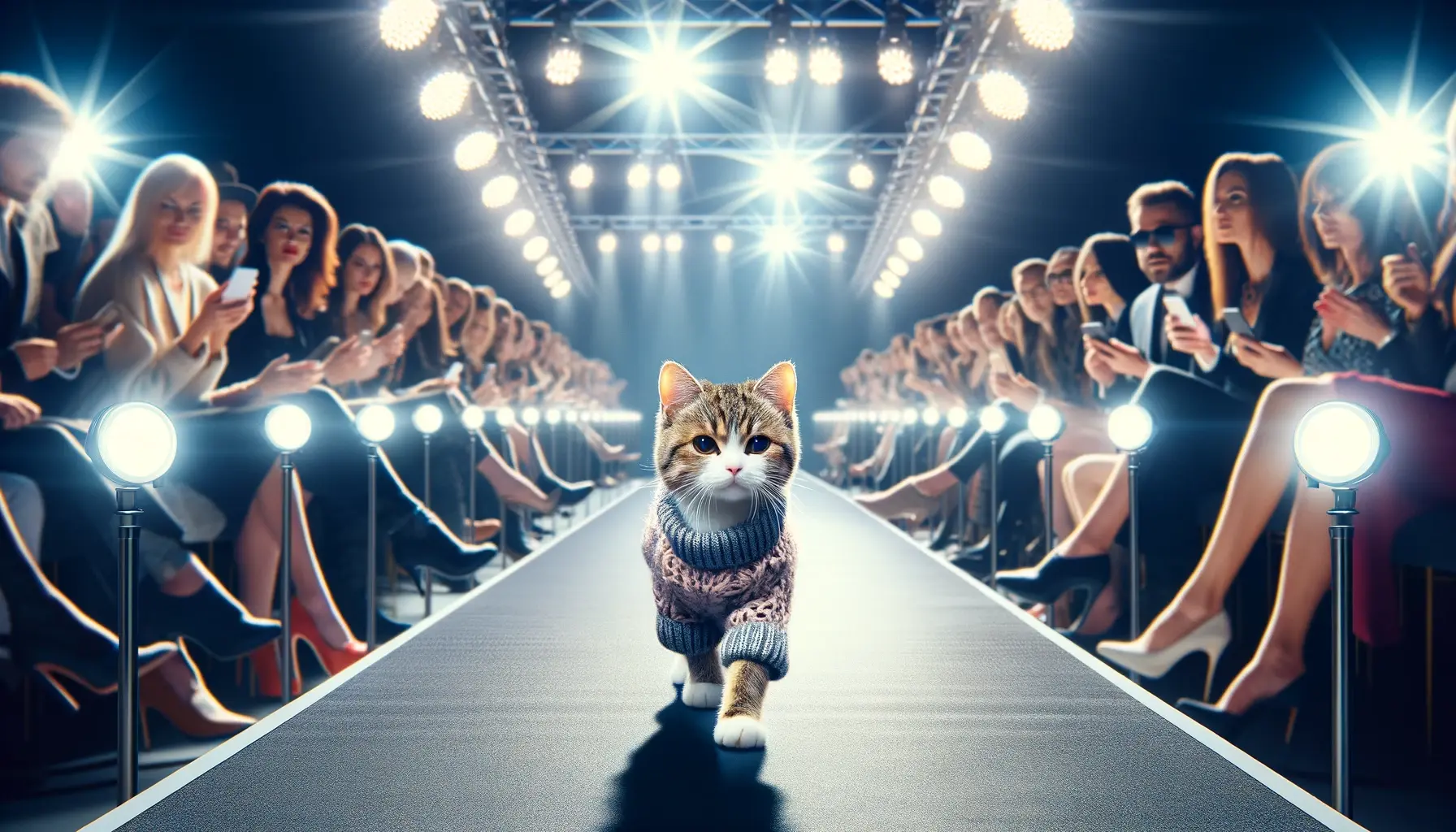 プロンプトは「ファッションショーのモデルとして歩く猫の写真を生成してください」by DALL-E