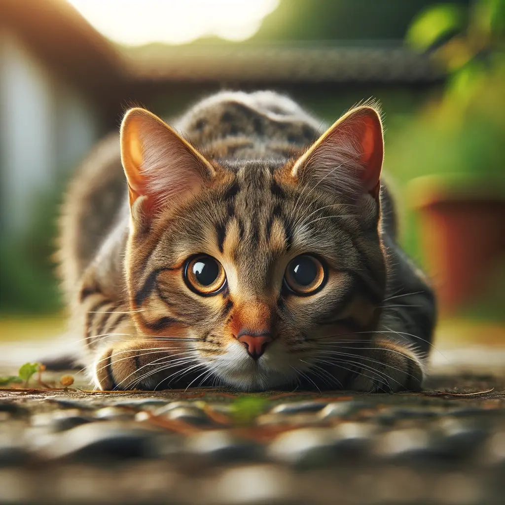 プロンプトは「低い姿勢で獲物を狙う猫の写真を生成してください」by DALL-E