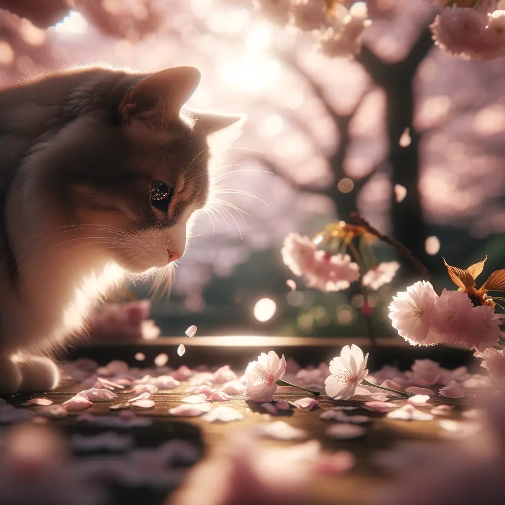 プロンプトは「桜の花びらを見つめる猫の写真を生成してください」by DALL-E