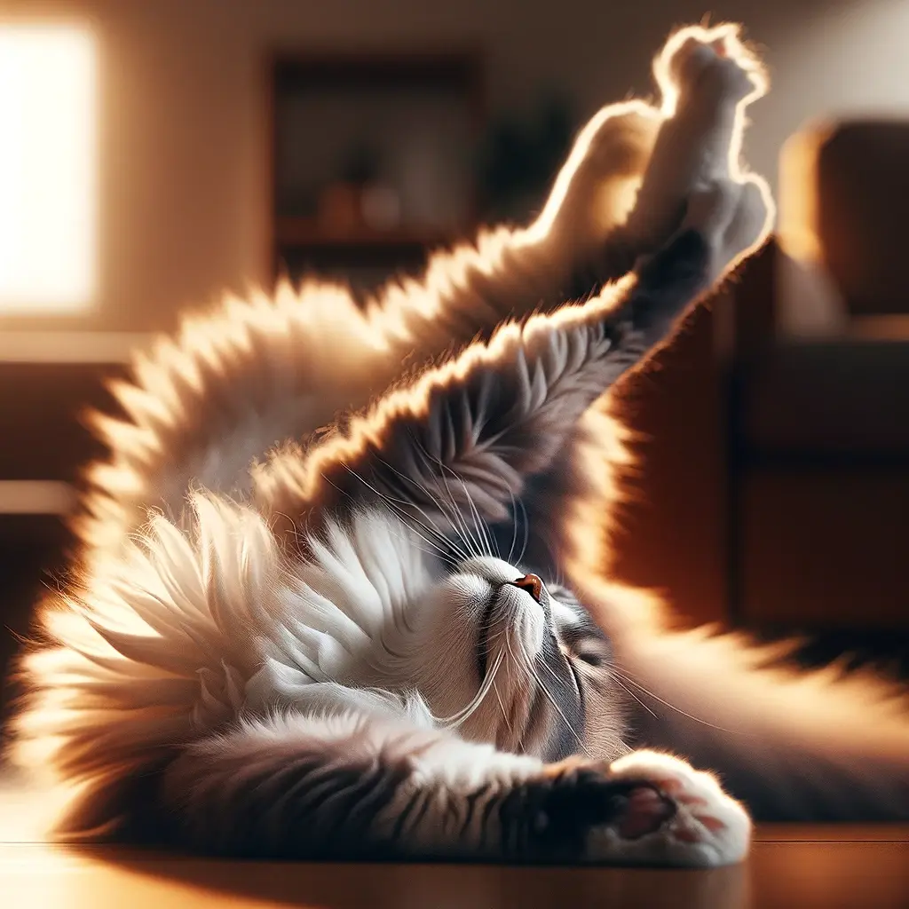 プロンプトは「足を上げて伸びをする猫の写真を生成してください」by DALL-E
