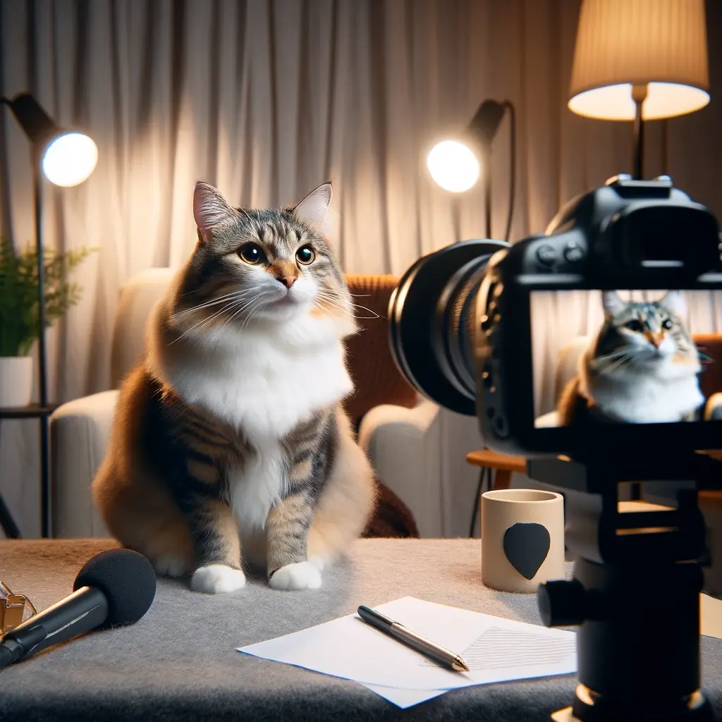 プロンプトは「カメラの前でおしゃべりをする猫の写真を生成してください」by DALL-E