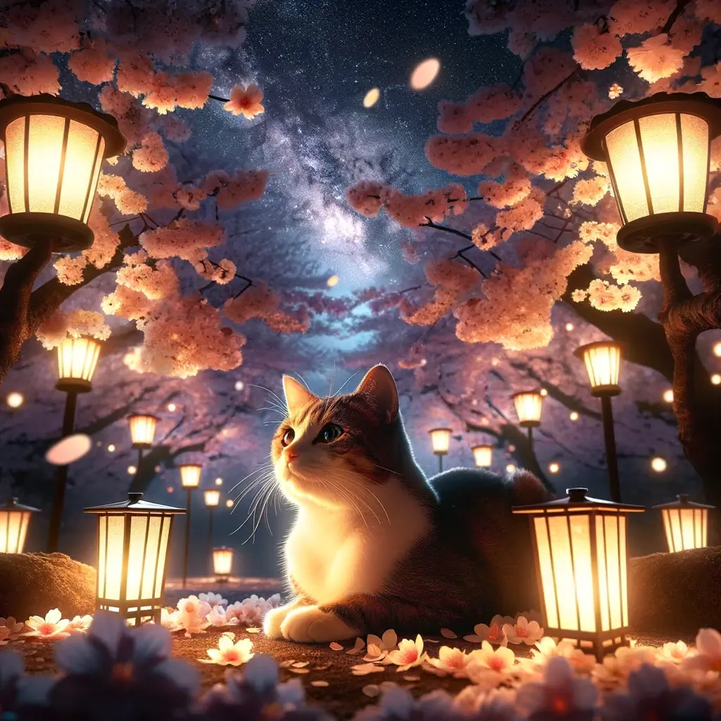 プロンプトは「夜桜を見上げる猫の写真を生成してください」by DALL-E