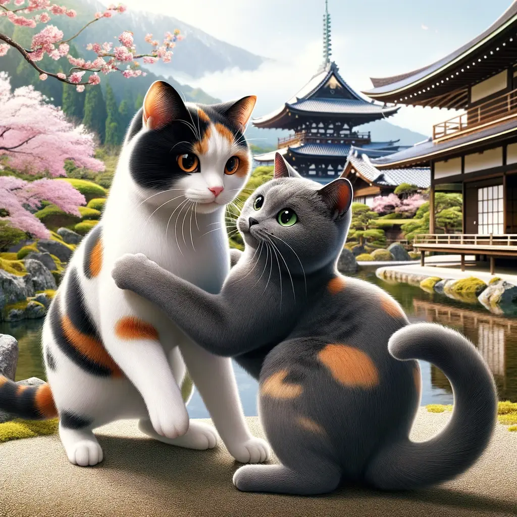 プロンプトは「仲良くじゃれ合う2匹の日本猫の写真を生成してください」by DALL-E