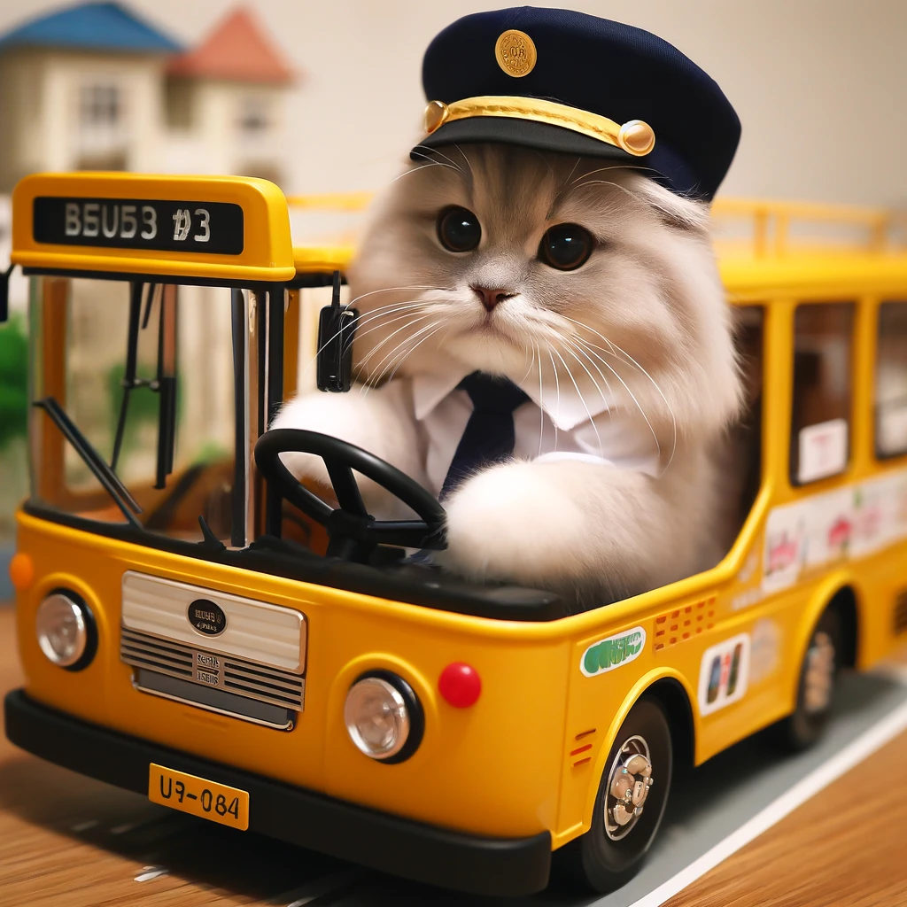 プロンプトは「制服を着て猫用ミニチュアバスを運転する猫の写真を生成してください」by DALL-E