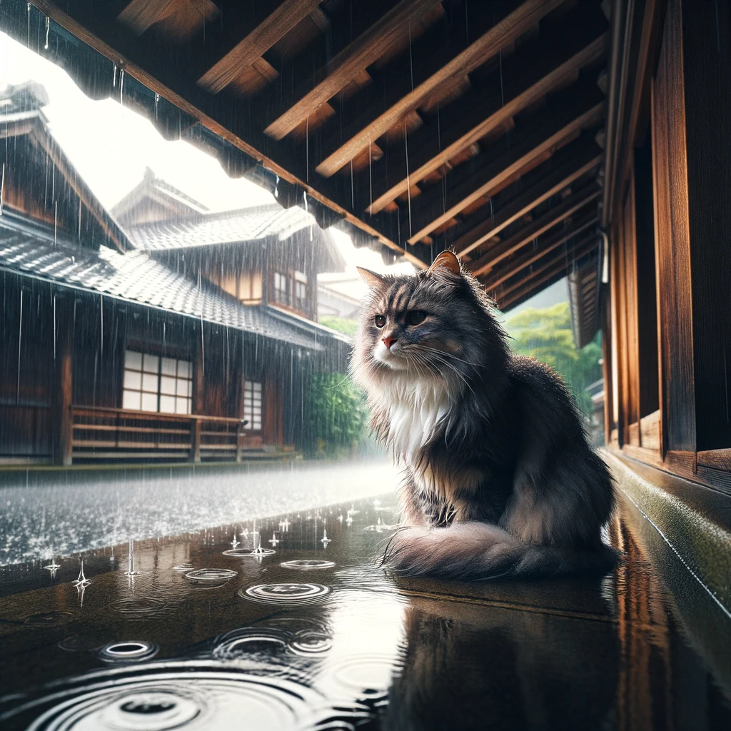 プロンプトは「軒先で雨宿りをする猫の写真を生成してください」by DALL-E