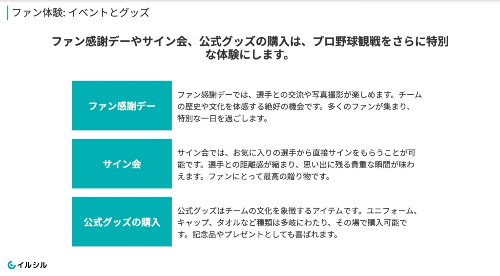 イルシルで作成した「プロ野球観戦の楽しみ方」スライド