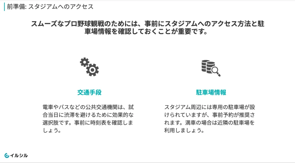 イルシルで作成した「プロ野球観戦の楽しみ方」スライド