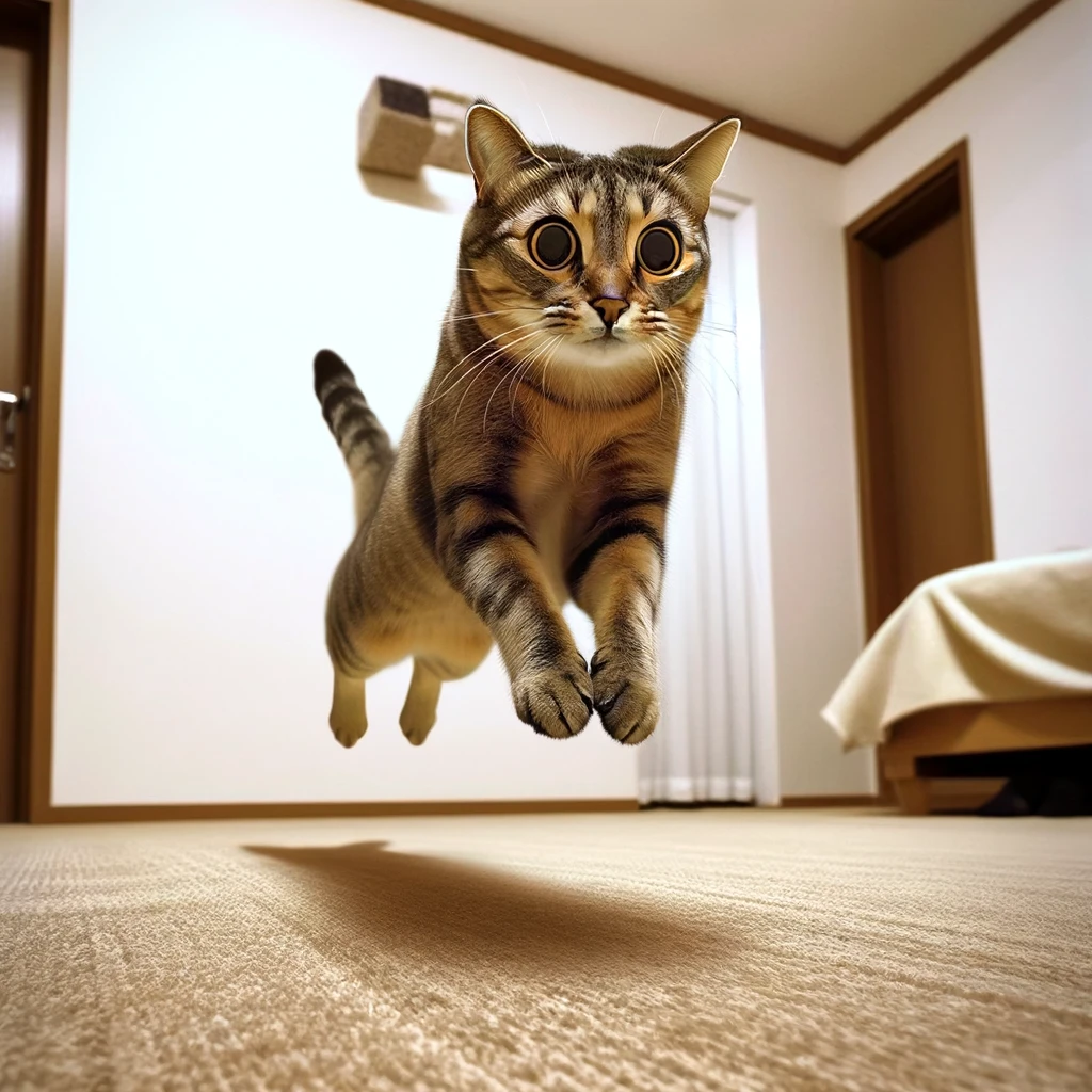 プロンプトは「ボールを追いかけてジャンプする猫の写真を生成してください」by DALL-E