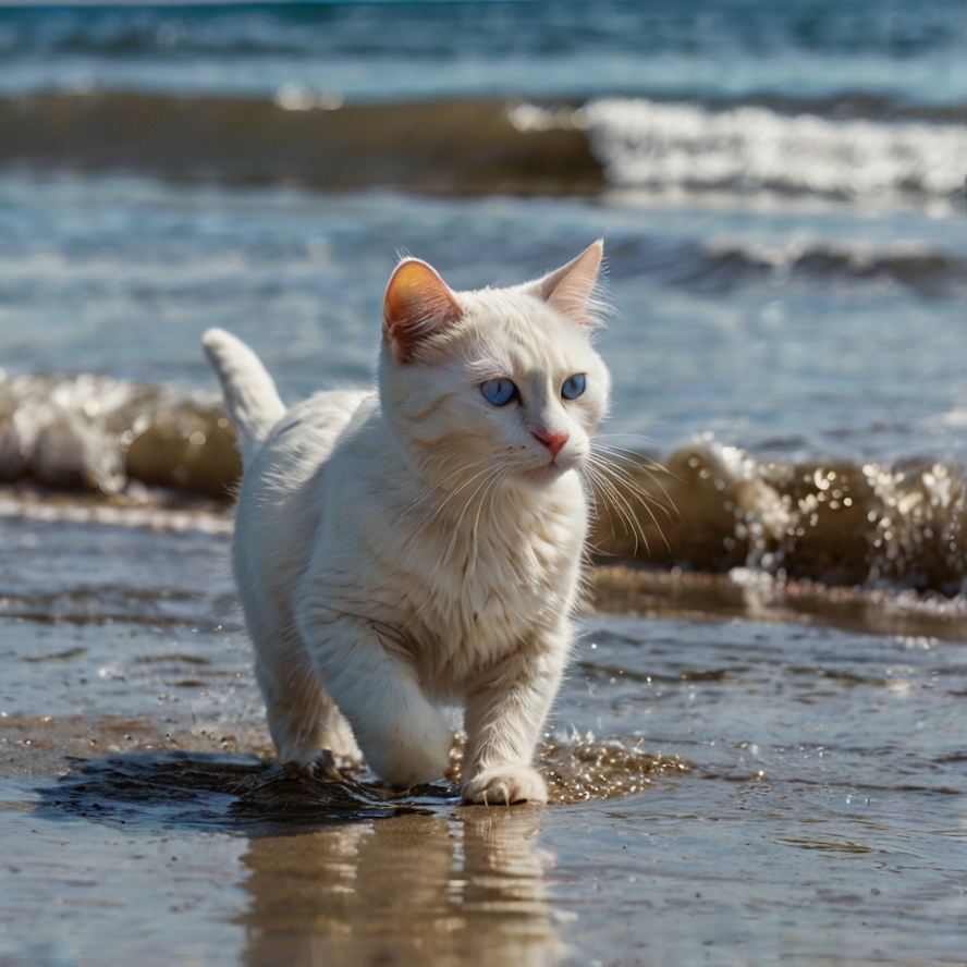 プロンプトは「海辺で遊ぶ猫の写真を生成してください」by leonardoAi