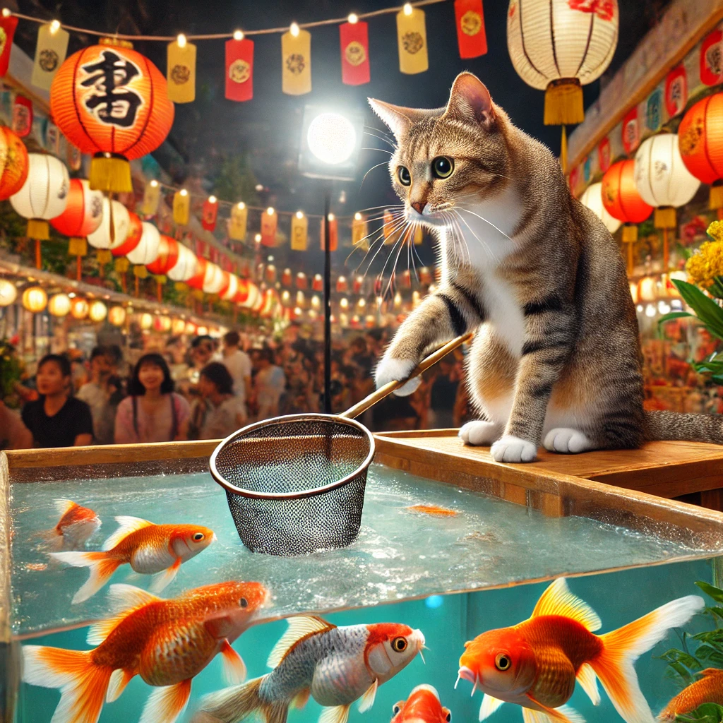 プロンプトは「お祭りで金魚掬いをする猫の写真を生成してください」by DALL-E