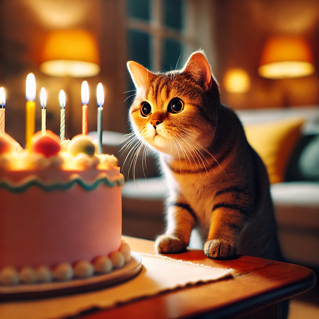 プロンプトは「誕生日ケーキを物珍しそうに見る猫の写真を生成してください」by DALL-E