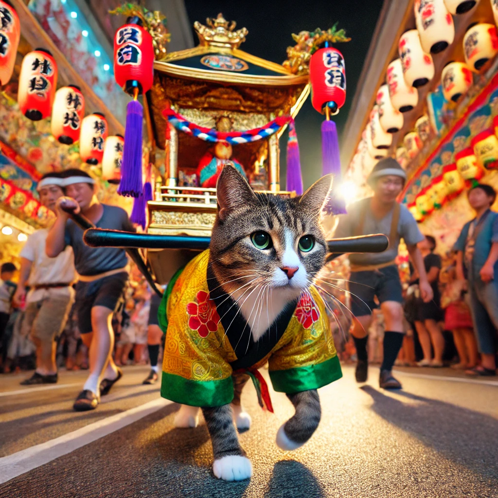 プロンプトは「お祭りで神輿を担ぐ猫の写真を生成してください」by DALL-E