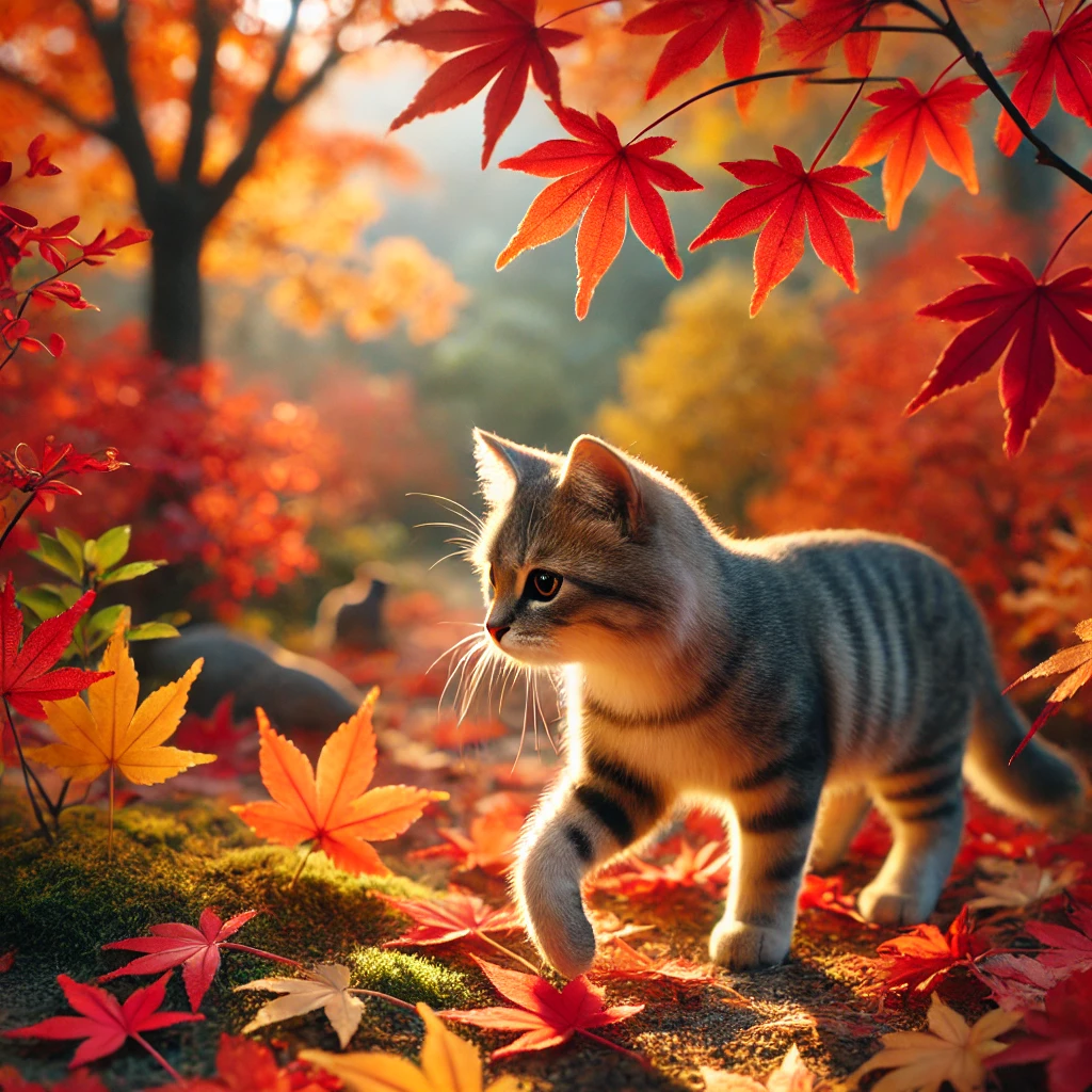 プロンプトは「紅葉狩りをする猫の写真を生成してください」by DALL-E