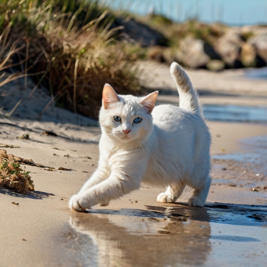 プロンプトは「海辺で遊ぶ猫の写真を生成してください」by Leonardo AI