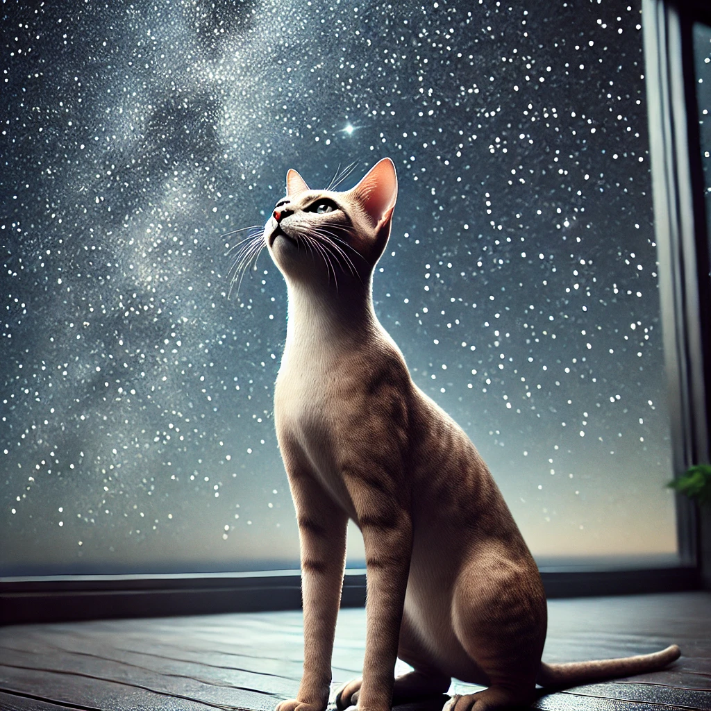 プロンプトは「星空を見上げる猫（少々スリム体型）の写真を生成してください」by DALL-E