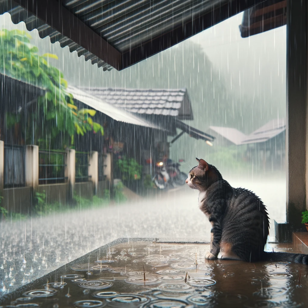 プロンプトは「軒下で雨宿りする猫の写真を生成してください」by DALL-E