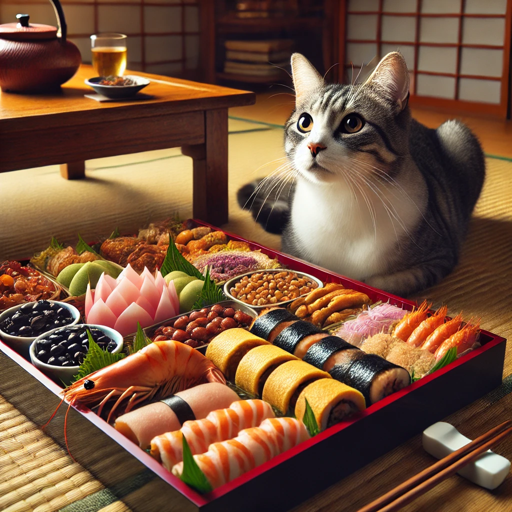 プロンプトは「お節料理を楽しむ猫の写真を生成してください」by DALL-E