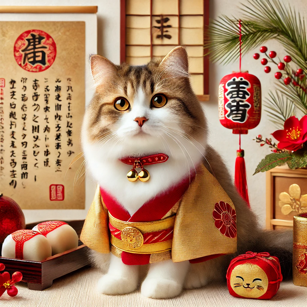 プロンプトは「新年のご挨拶をする猫の写真を生成してください」by DALL-E