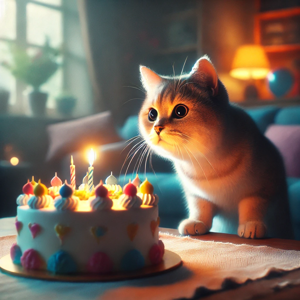 プロンプトは「誕生日ケーキを物珍しそうに見る猫の写真を生成してください」by DALL-E