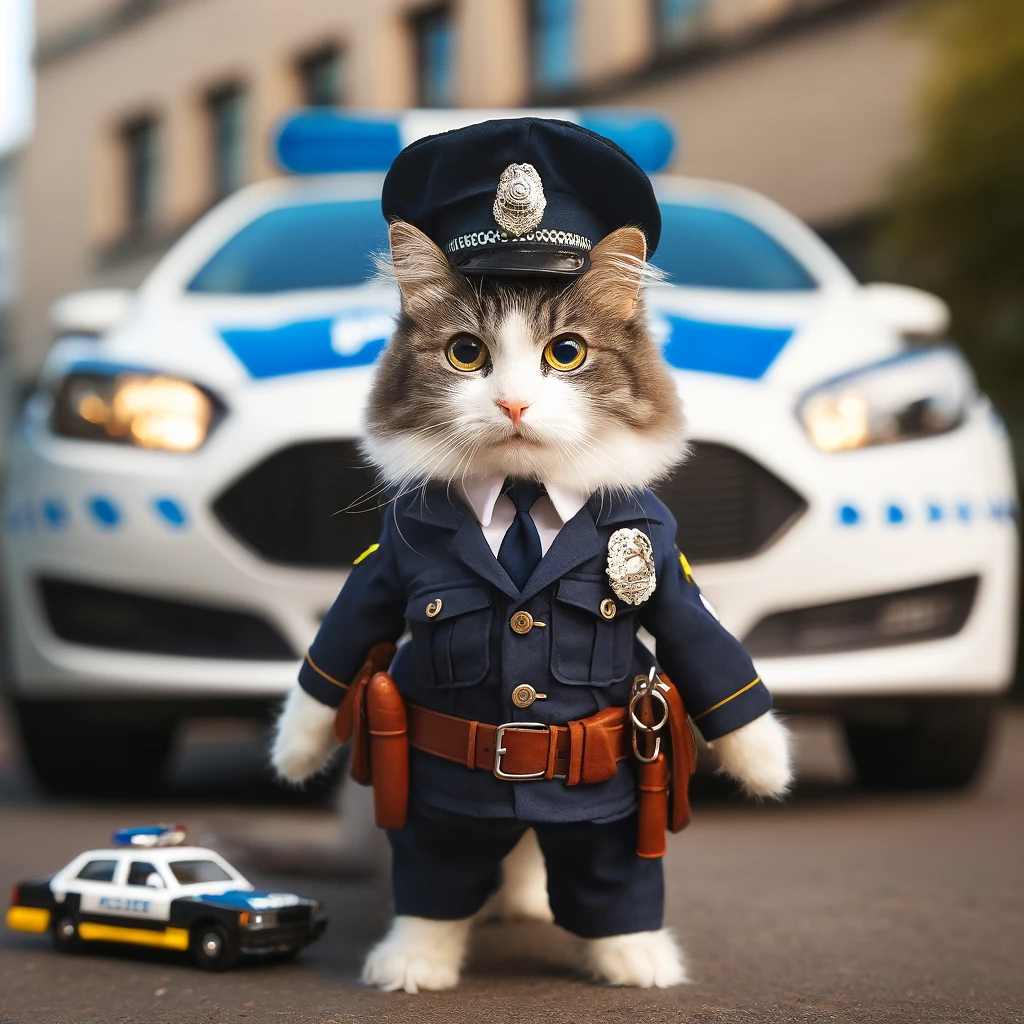 プロンプトは「警察官の制服を着てパトカーの前でポーズをとる猫の写真を生成してください」by DALL-E