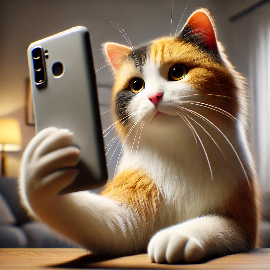 プロンプトは「スマホで自撮りする猫の写真を生成してください」by DALL-E