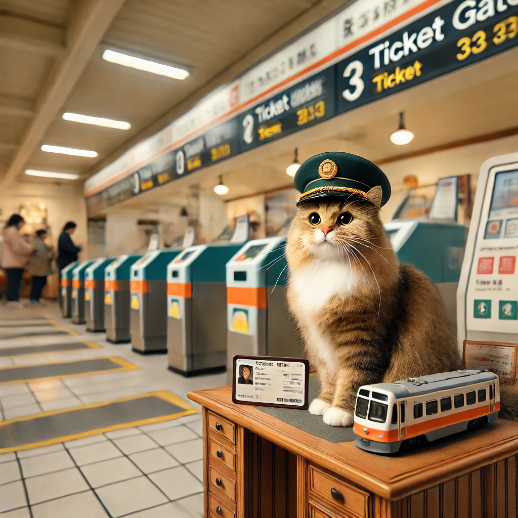 プロンプトは「駅の改札で看板猫を務める猫の写真を生成してください」by DALL-E