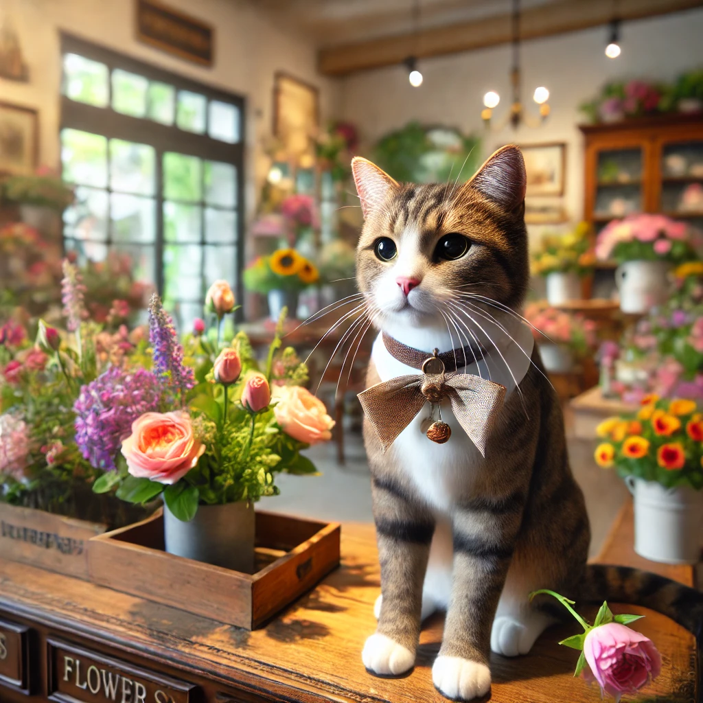 プロンプトは「花屋で看板猫を務める猫の写真を生成してください」by DALL-E